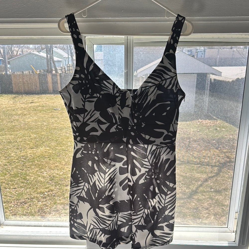 Black and White Leaf Print Romper